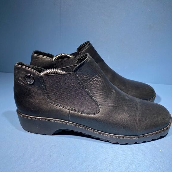 Remonte Rieker Wedge Ankle Boot Black Leather Round Toe Fleece Lined Women’s 8 - Picture 4 of 7